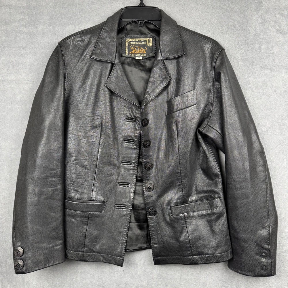 Vintage LEATHERS MASTER Black Genuine‎ Leather Blazer Jacket Womens M Button